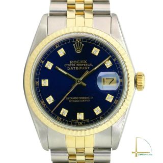 Rolex Datejust 16233 Gold&ss Blue Diamond Dial & Fluted Bezel Watch