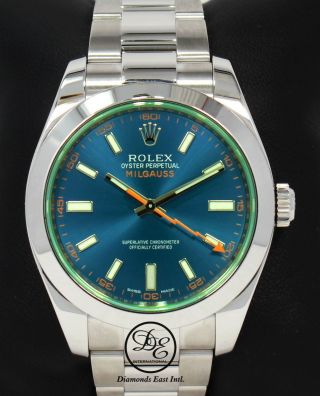 Rolex Milgauss 116400gv Oyster Perpetual Z Blue Dial Green Crystal Watch