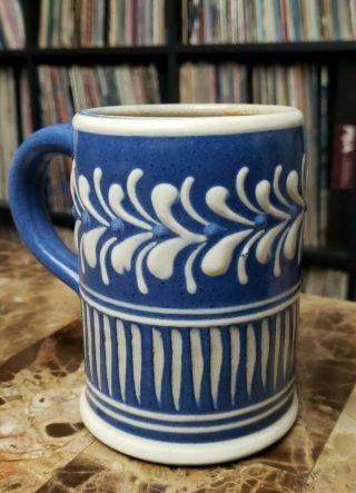 Artisanal Colonial Williamsburg Pottery Salt Glazed Stoneware Mug Cup Blue Leaf