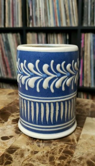 Artisanal Colonial Williamsburg Pottery Salt Glazed Stoneware Mug Cup Blue Leaf 3