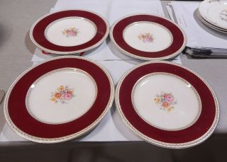 4 Vintage England Crown Ducal Dinner Plates 10 " Red Band Floral