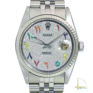 Rolex Datejust 16234 Ss Rainbow Diamond Pave Arabic Dial & Fluted Bezel Watch