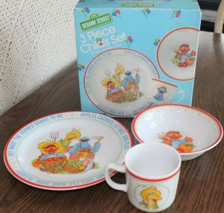 Sesame Street Newcor Porcelain 3 Piece Childs Dish Set - Cup Bowl Plate 1986