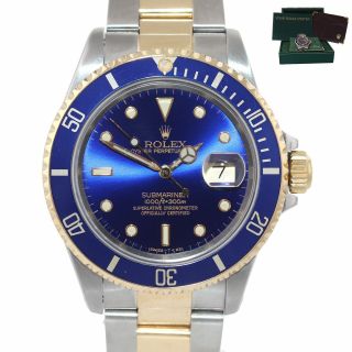 Rolex Submariner 16613 Two Tone Steel 18k Yellow Gold Purple Blue Dial Watch Box