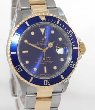 Rolex Submariner 16613 Two Tone Steel 18k Yellow Gold Purple Blue Dial Watch box 3