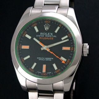 2010 Rolex 116400gv Milgauss Black Dial Green Crystal Stainless Steel 40mm Watch