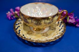 Vintage Royal Sealy China 3 - Footed Cup & Saucer Japan Gold Trim Luster Ware