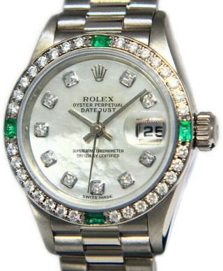 Rolex Datejust President 18k White Gold Mop Diamond Emerald Ladies Watch 79079