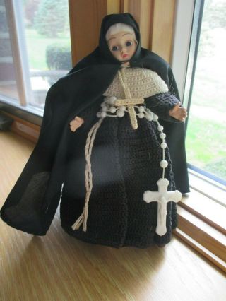 Vintage 8 - Inch Nun Doll With Hand - Crocheted Dress & Taffeta Habit