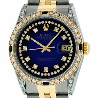 Rolex Mens Datejust Watch Steel - 18k Yellow Gold Blue String Diamond Dial 1.  65 Ct