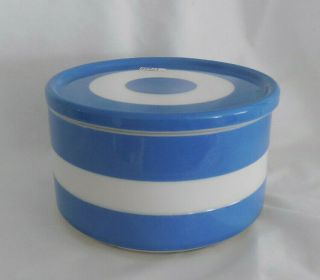 Blue & White Cornishware T.  G.  Green Shield Mark Covered Refrigerator Jar Round
