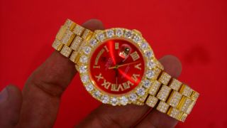 Rolex Gold President Daydate Watch Full Iced With Red Roman Numeral Diamond Face