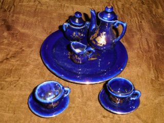 Dollhouse Miniature Blue Ceramic Tea Set - 10 Piece