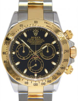 Rolex Daytona 18k Yellow Gold & Steel Black Dial Mens 40mm Watch 116523