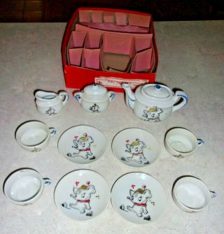 Vtg Japan Child Porcelain Doll Toy Tea Set Dishes Baby Elephants