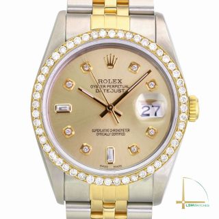 Rolex Datejust Mens 36mm Gold&ss Champagne 8,  2 Diamond Dial And Bezel Watch