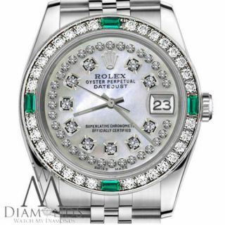 Rolex 36mm Unisex Datejust White Mop String Diamond Dial With Emerald Watch