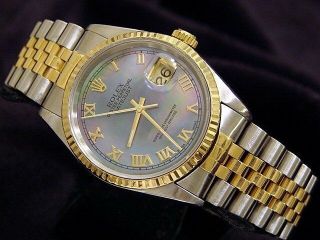 Men Rolex Datejust 18k Gold Stainless Steel Watch Tahitian Black Mop Roman 16233