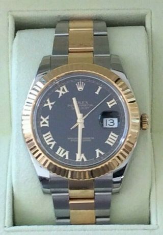Rolex Datejust Ii 18k Gold/steel Black Roman Dial Watch Box Papers 116333 Oyster