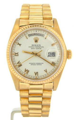 Mens Rolex Day - Date President Solid 18k Yellow Gold Watch White Roman Dial 18038