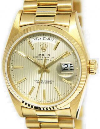 Rolex Day - Date President 18k Yellow Gold Silver Tapestry Dial 36mm Watch 18038