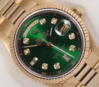 Rolex Day - Date President Solid 18k Gold 18038 Watch - Baguette Diamond Green Dial