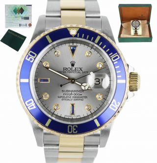 2002 Rolex Submariner Slate Serti Diamond Sapphire 16613 Two - Tone Blue 40mm
