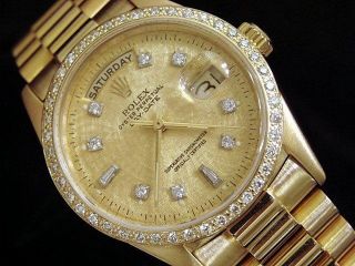 Mens Rolex Day - Date President 18k Gold Watch Linen Diamond Dial 1ct Bezel 18038 2