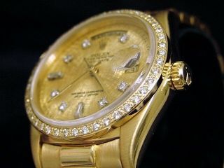 Mens Rolex Day - Date President 18k Gold Watch Linen Diamond Dial 1ct Bezel 18038 3