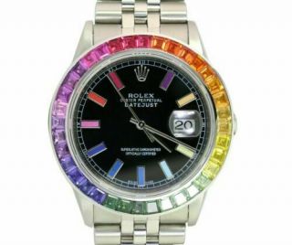 Rolex Datejust Mens Stainless Steel 36mm 16234 Black Rainbow Dial & Bezel Watch