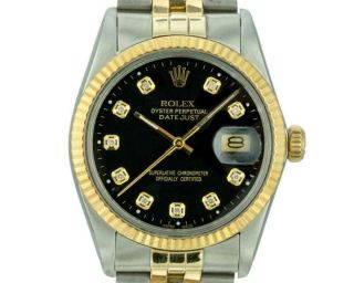 Rolex Watch Mens Datejust 36mm 18k Gold & Steel Black Diamond Dial Fluted Bezel