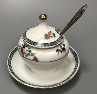Vintage Nippon Porcelain Hand Painted Mustard Condiment Sugar Bowl W/ Spoon