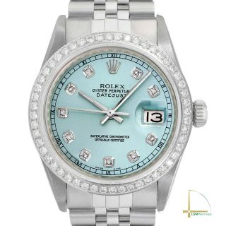 Mens Rolex Datejust 16014 36mm Steel Watch Custom Diamond Ice Blue Dial W Track