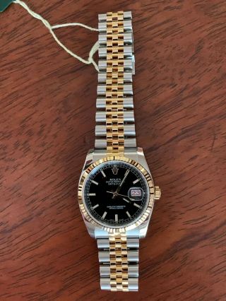 ROLEX OYSTER DATEJUST WATCH,  BLACK DIAL,  18K & STAINLESS STEEL,  LIKE 2