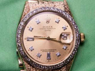 Rolex Oyster Perpetual Date Solid 14k Gold Bark Gia Certified Diamonds 2345300