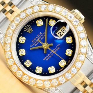 Ladies Rolex Datejust Blue Vignette 1.  13 Ct Diamond Two Tone Quickset Watch