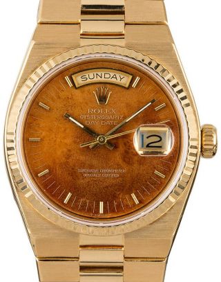 Rolex Day - Date Oysterquartz President 18k Yellow Gold Wood Dial Mens Watch 19018