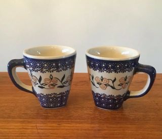 Set Of 2,  Boleslawiec Polish Pottery Stoneware Coffee Mugs 109 Roses Cobalt Blue
