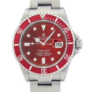 Rolex Mens Stainless Steel Oyster Submariner Watch With Red Diamond Dial 16610