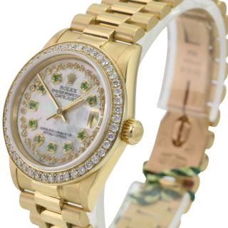 Rolex Datejust 68278 Midsize President 18k Yellow Gold White Mop Emerald Dial