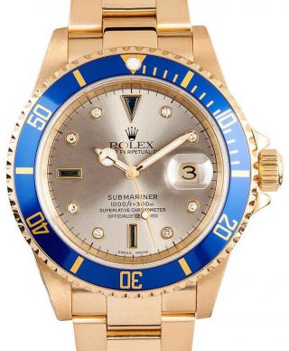 Rolex Submariner Date 18k Yellow Gold Slate Serti Dial Blue Bezel Watch P 16618