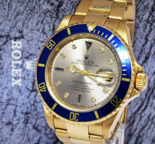 Rolex Submariner Date 18k Yellow Gold Slate Serti Dial Blue Bezel Watch P 16618 2