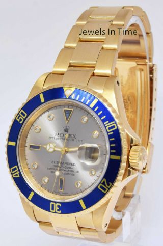 Rolex Submariner Date 18k Yellow Gold Slate Serti Dial Blue Bezel Watch P 16618 3