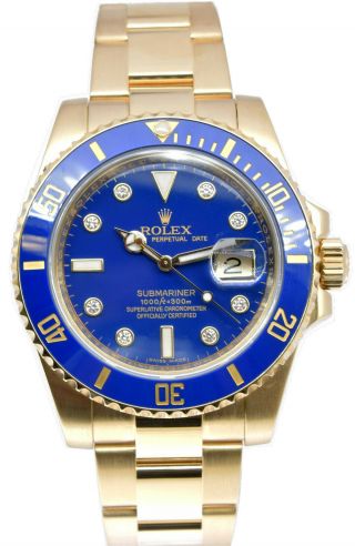Rolex Submariner 18k Yellow Gold Blue Ceramic 40mm Watch Box/papers 116618