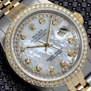 Rolex Two Tone 36mm Datejust White Mother Of Pearl String Diamond Dial & Bezel