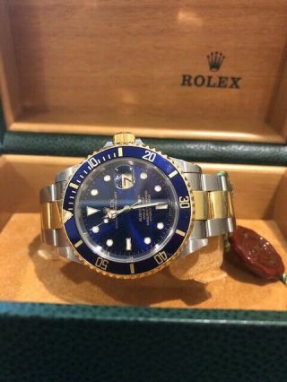 Rolex Submariner Date Mens 18k Yellow Gold Stainless Steel Watch Blue 16613