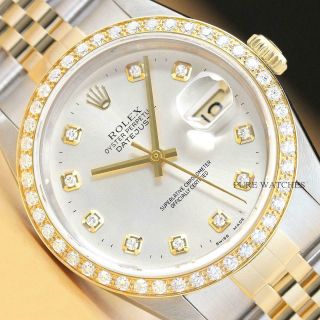 Rolex Mens Datejust 16233 Silver 18k Yellow Gold Stainless Steel Diamond Watch