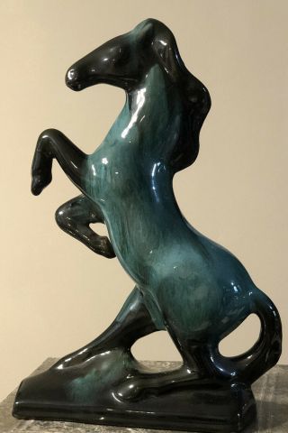 Blue Mountain Pottery Rearing Horse Stallion Teal Green Black 12 " Tall Figurine