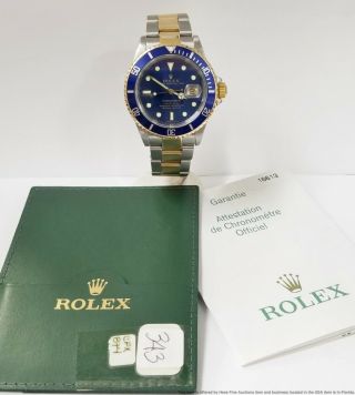 Mens 16613 Rolex Submariner Blue 18k Gold Ss Style Bracelet Watch W Papers