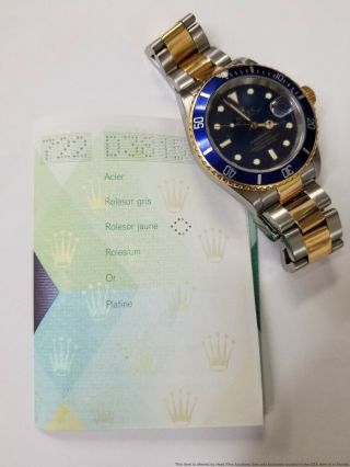 Mens 16613 Rolex Submariner Blue 18k Gold SS Style Bracelet Watch w Papers 2